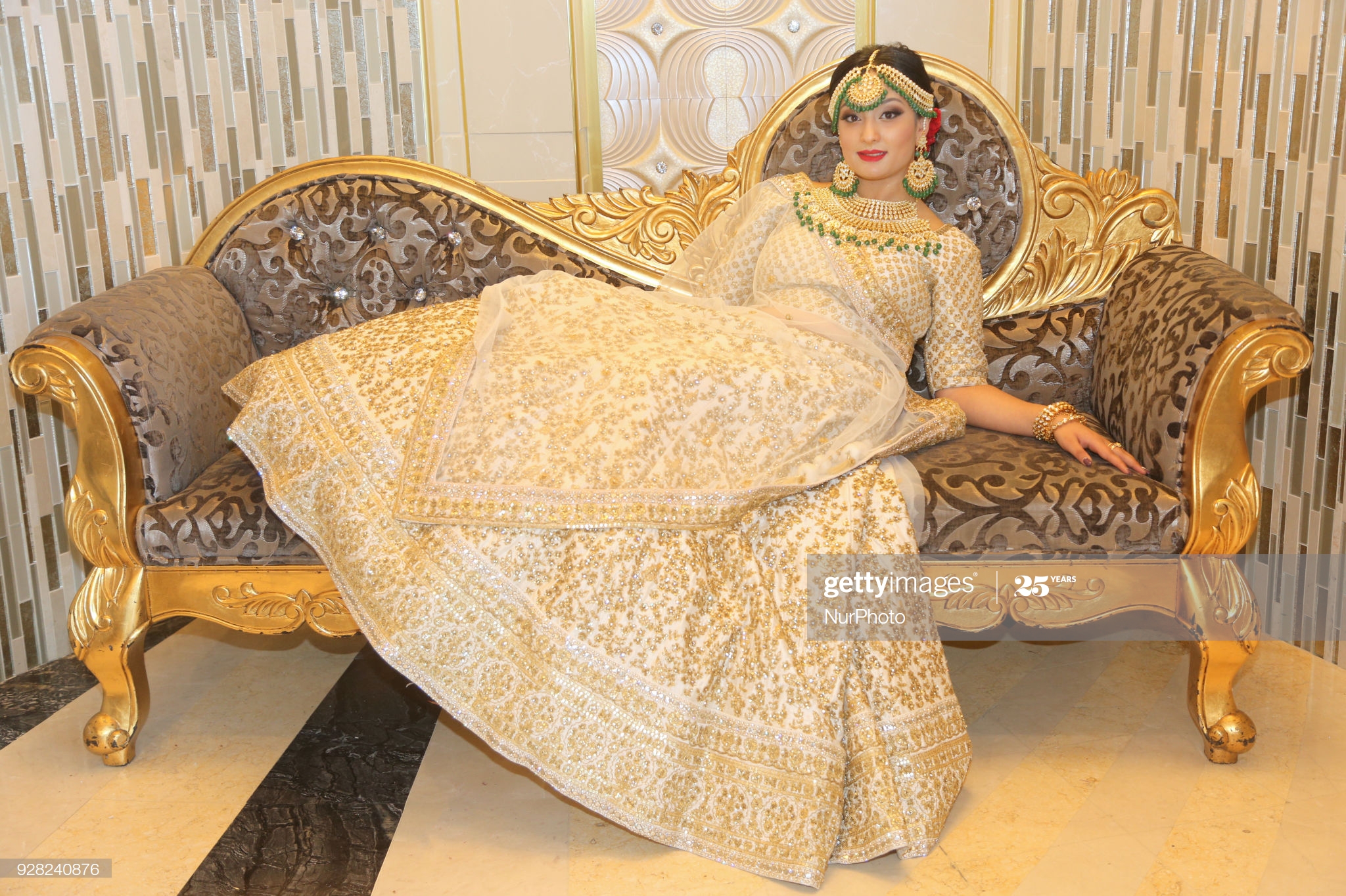 Indian model wearing an exquisite Gujarati bridal lehenga with traditional opulent jewellery in Scarborough, Ontario, Canada. (Photo by Creative Touch Imaging Ltd./NurPhoto via Getty Images)